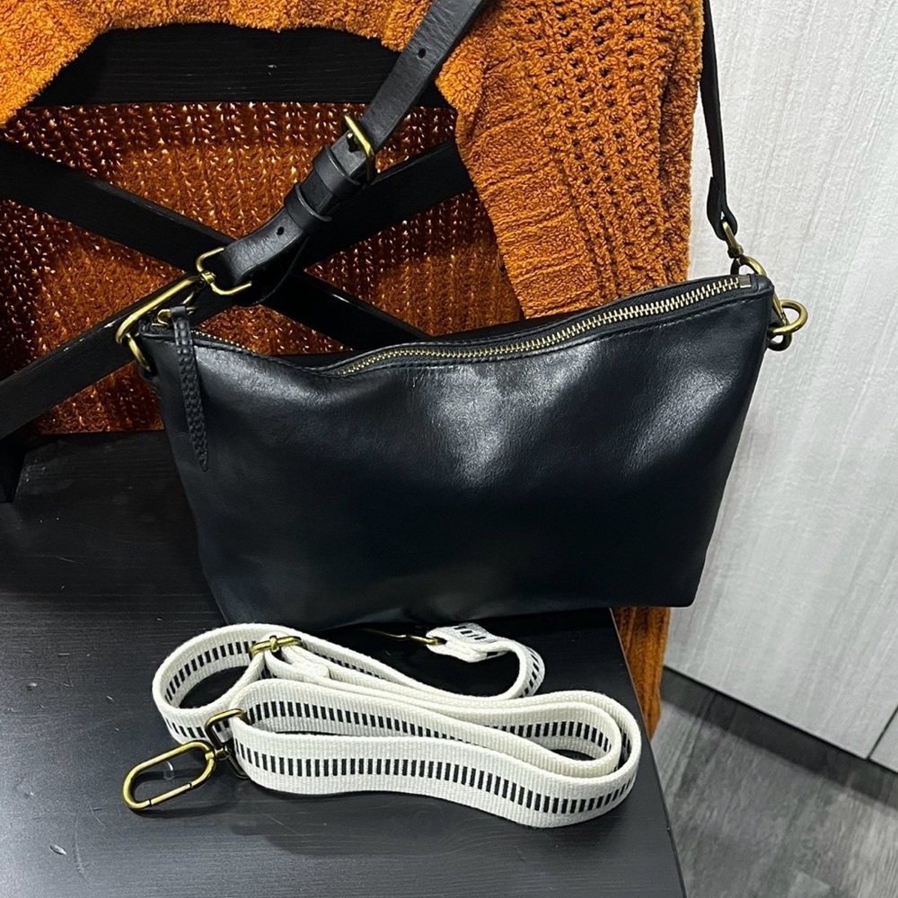 Madewell Carabiner Black Leather Crossbody Bag with White Strap